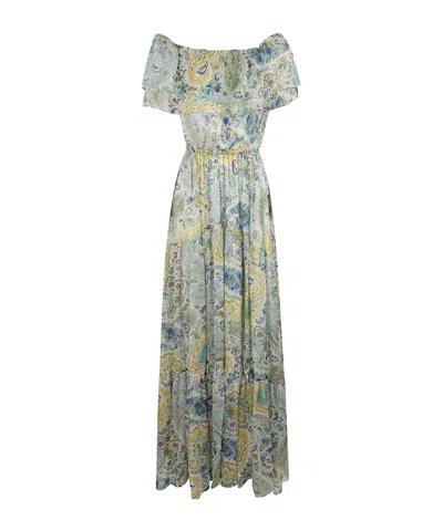 Etro Long Dress Elasticated Waist Off Shoulder Paisley In Multi