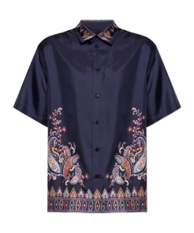 Etro Short-sleeved Silk Shirt With Placed Print In Multi
