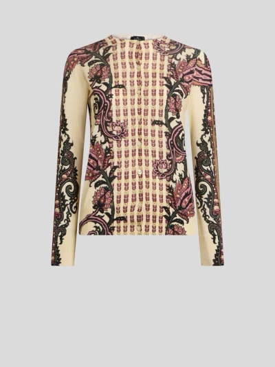 Etro , Silk And Cashmere Cardigan With Floral Paisley Motif, Woman, Beige, Size 50 In Nude