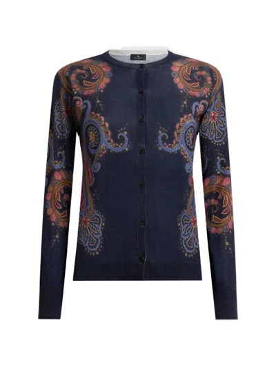 Etro Silk And Cashmere Cardigan With Placed Paisley Print In Blue