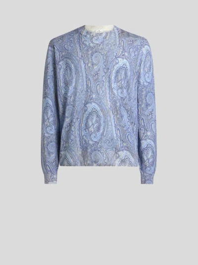 Etro Silk And Cashmere Sweater With Floral Arnica Motif In Blue