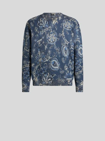 Etro Silk And Cashmere Sweater With Maxi Flowers In Navy Blue