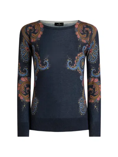 Etro Silk And Cashmere Sweater With Placed Paisley Print In Blue