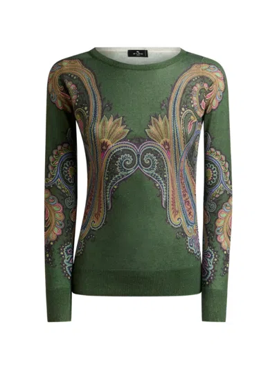 Etro Silk And Cashmere Sweater With V-neck And Placed Paisley Print In Green