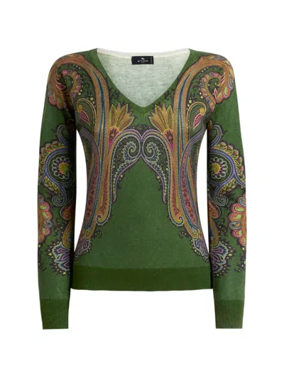 Etro Silk And Cashmere Sweater With V-neck And Placed Paisley-print In Green