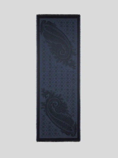 Etro , Silk And Wool Jacquard Scarf With Paisleys, Man, Navy Blue
