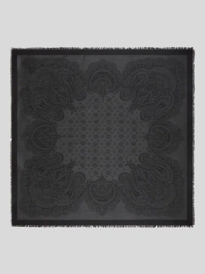 Etro , Silk And Wool Jacquard Shawl With Tie Motif And Paisleys, Man, Black