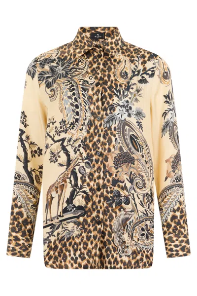 Etro Silk Animal Print Long-sleeve Shirt With Classic Collar In Multi