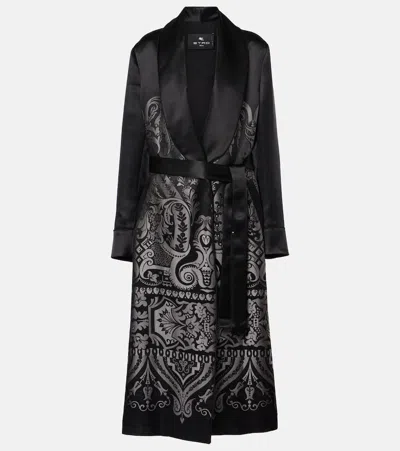 Etro Silk-blend Belted Coat In Grey
