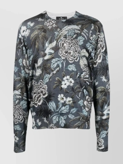 Etro Silk-blend Floral Crewneck Sweater In Grey