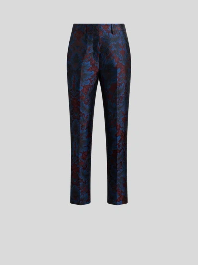 Etro , Silk-blend Jacquard Cigarette Trousers, Woman, Size 44 In Blue