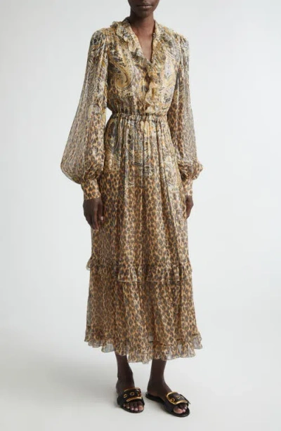 Etro Silk Blend Metallic Plissé Maxi Dress In Beige