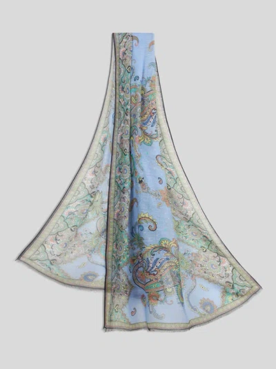 Etro Silk-blend Scarf With Leafy Motif In Blue