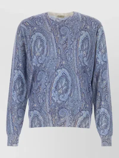 Etro Silk And Cashmere Sweater With Floral Arnica Motif In Blue