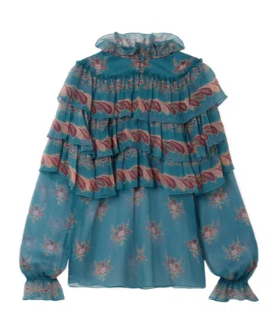 Etro Ruffled Tiered Printed Silk-chiffon Blouse In Blue