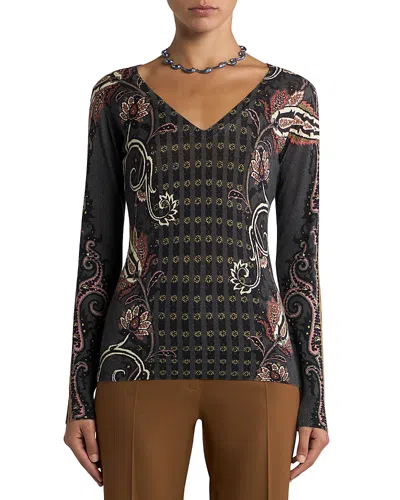 Etro Silk Cashmere V Neck Long Sleeve Sweater In Black