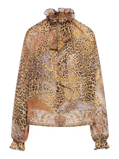 Etro Silk Chiffon Blouse With Scarf And Animal Paisley Pattern In Animal Print