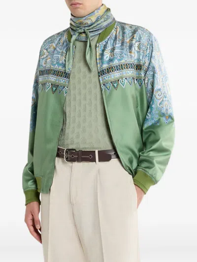 Etro Silk Bomber Jacket With Placed Pocket-square Paisley Print In Gray