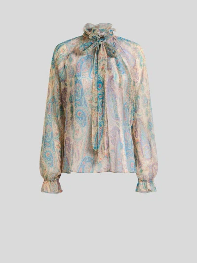 Etro Women Silk Crepon Blouse With Scarf And Paisley Foliage Motif In Multi