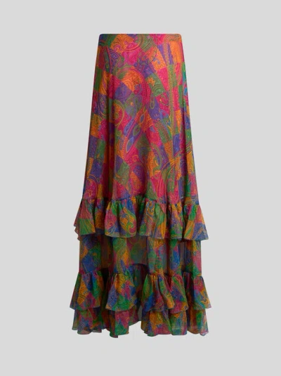Etro , Silk Crepon Maxi Skirt With Ruffles And Geometric Paisley Motif, Woman, Size 46