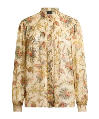 Etro Silk Dotted Swiss Shirt With Floral Motif In Green