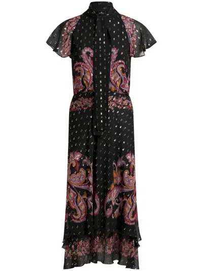 Etro Paisley-print Neck-tie Plisse Georgette Midi Dress In Black