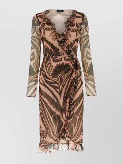 Etro Silk Dress With Printed Design And Ruffle Hem In Brown