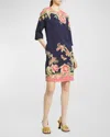 Etro Floral Border Shift Dress In Print On Blue Base