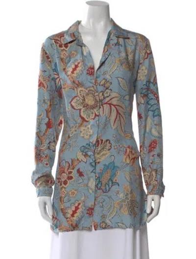 Pre-owned Etro Silk Floral Print Blouse In Blue