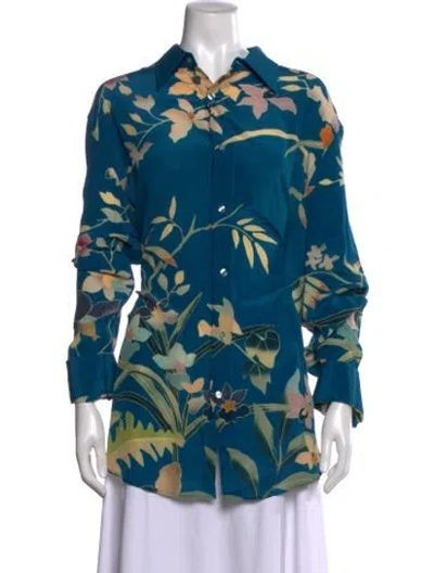 Pre-owned Etro Silk Floral Print Blouse In Blue