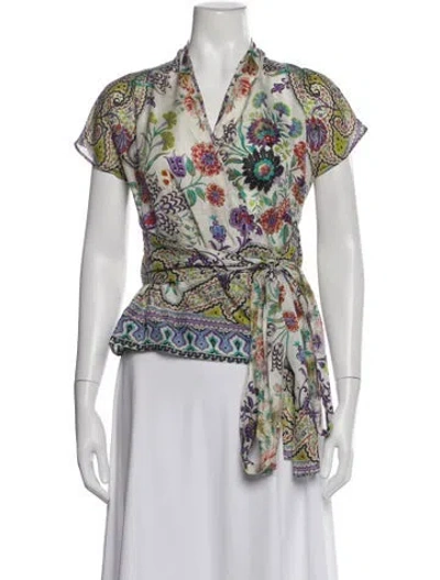 Pre-owned Etro Silk Floral Print Blouse In White