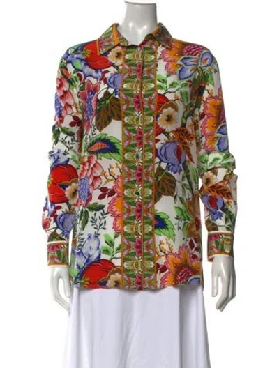 Pre-owned Etro Silk Floral Print Blouse In White