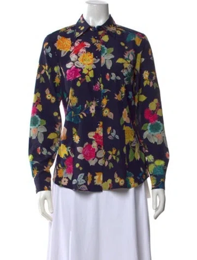 Pre-owned Etro Silk Floral Print Button-up Top In Blue/green