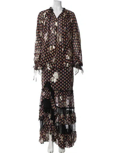 Pre-owned Etro Silk Floral Print Skirt Set In Black/metallic