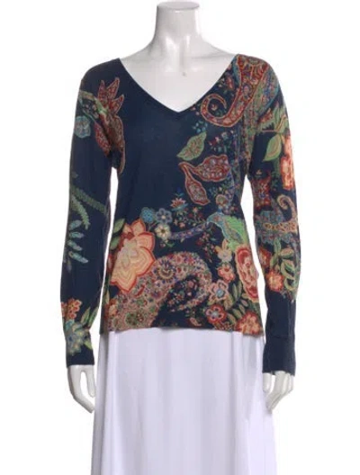Pre-owned Etro Silk Floral Print Sweater In Blue