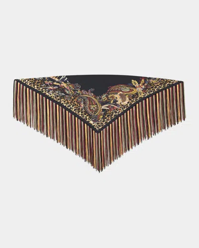 Etro Silk Foulard Scarf With Fringe In Black 12
