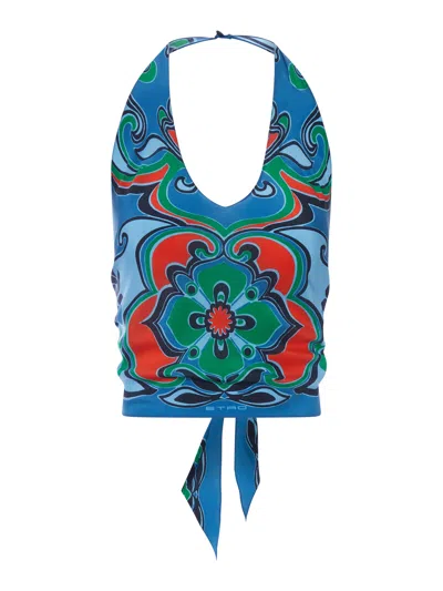 Etro Silk Halter Top With Ornamental Print In Blue