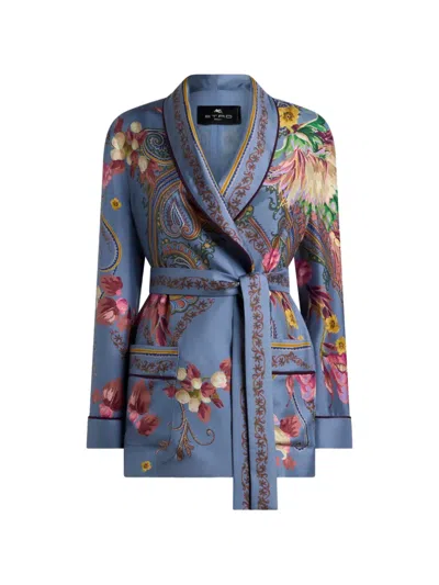 Etro Silk Jacket With Belt And Floral Paisley Motif In Blue