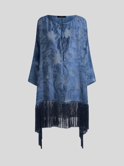 Etro , Silk Jacquard Kaftan With Fringing And Fil Coupé Floral Motif, Woman, Blue