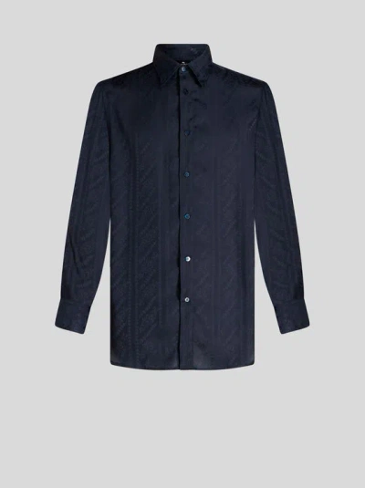 ETRO , SILK JACQUARD SHIRT, MAN, NAVY BLUE, SIZE XL