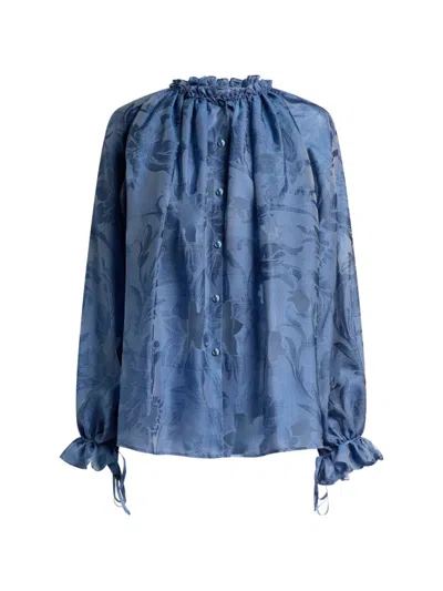 Etro Silk Jacquard Shirt With Fil Coupé Floral Motif In Blue