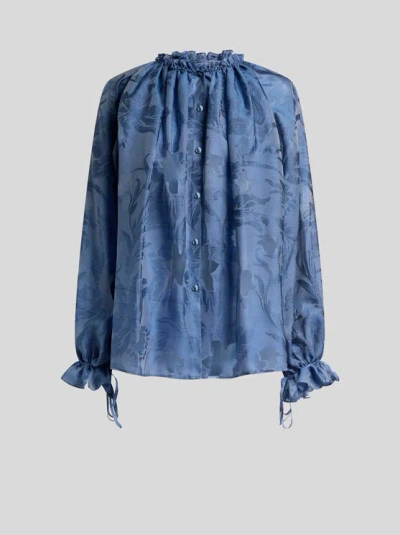 Etro , Silk Jacquard Shirt With Fil Coupé Floral Motif, Woman, Blue, Size 46