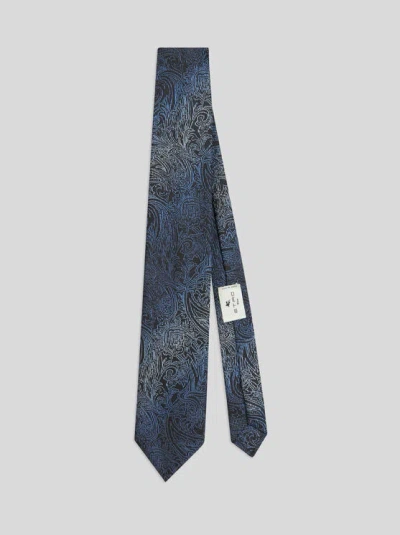 Etro Jacquard Print Silk Tie In Navy Blue