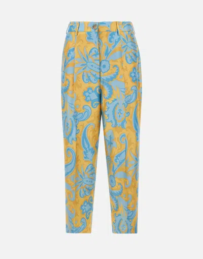 Etro Silk Jacquard Trousers In Yellow And Blue