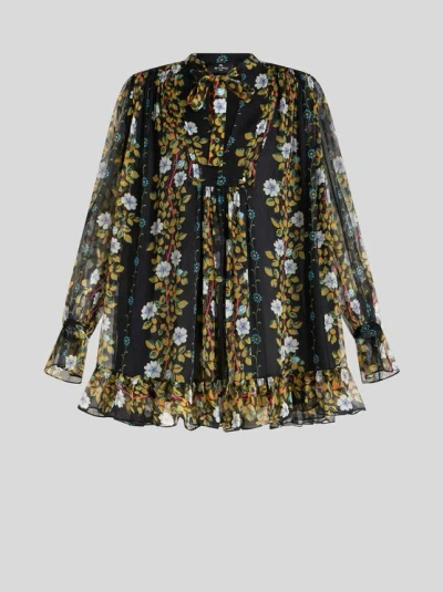 Etro Silk Chiffon Printed Ruffled Mini Dress In Black