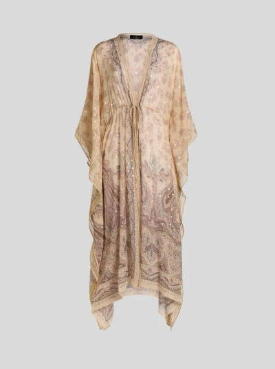 Etro , Silk Kaftan With Placed Print, Woman, Beige In Sand