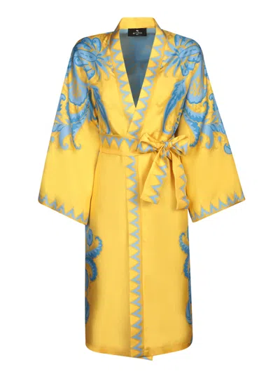 Etro Silk Kimono In Light Yellow And Sky Blue