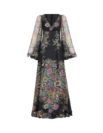 Etro Silk Long Dress With Floral Motif In Black