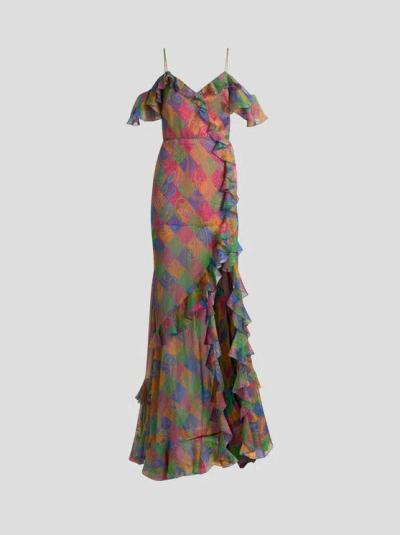 Etro , Silk Long Dress With Ruffles And Geometric Paisley Motif, Woman, Size 46 In Multi