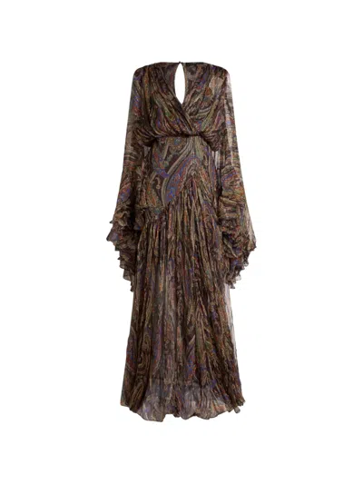 Etro Silk Long Dress With Ruffles And Paisley Motif In Multi